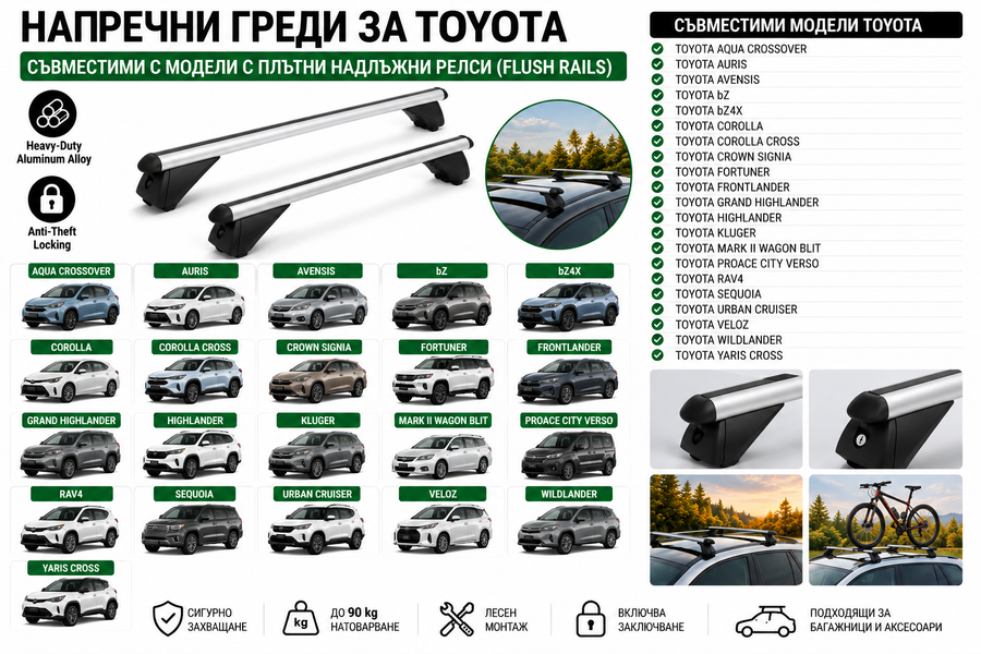 Aлуминиеви греди за багажник с ключалки за Toyota Auris, Avensis, Corolla, Corolla Cross, Highlander, RAV4 и Yaris Cross с плътни надлъжни релси (Flush Rails) 120 см, до 90 кг, Сребристи