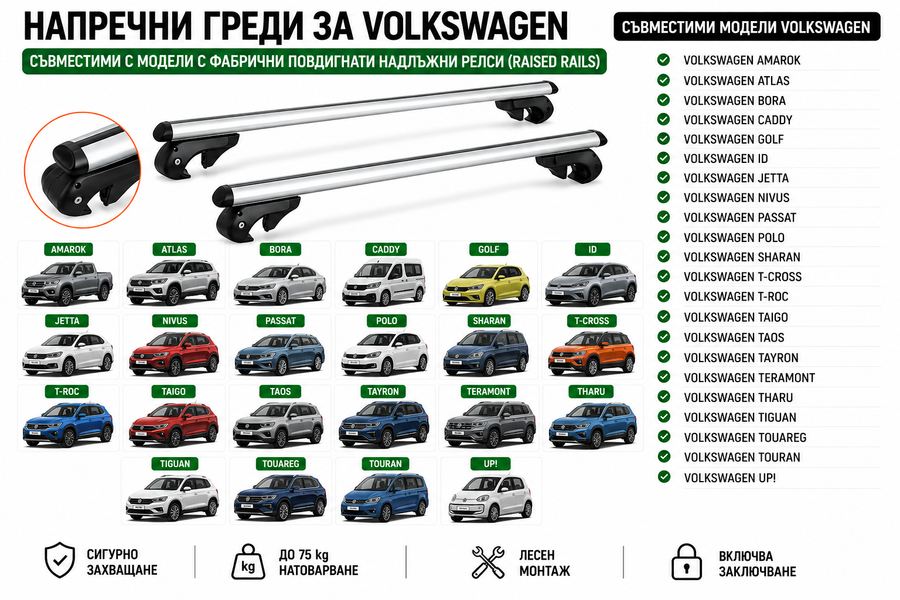 Aлуминиеви греди за багажник с ключалки за Volkswagen Amarok, Bora, Caddy, Golf, Jetta, Passat, Polo, Sharan, T-Roc, Tiguan, Touareg, Touran и Up! с повдигнати надлъжни релси (Raised Rails) 120 см, до 90 кг, Сребристи