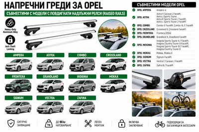 Aлуминиеви греди за багажник с ключалки за Opel Astra, Crossland, Grandland, Insignia, Mokka, Zafira с повдигнати надлъжни релси (Raised Rails) 120 см, до 90 кг, Сребристи