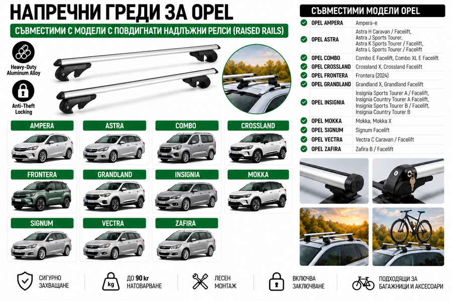 Aлуминиеви греди за багажник с ключалки за Opel Astra, Crossland, Grandland, Insignia, Mokka, Zafira с повдигнати надлъжни релси (Raised Rails) 120 см, до 90 кг, Сребристи