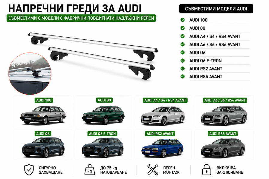 Aлуминиеви греди за багажник с ключалки за Audi Серия 100, 80, A4, A6, RS2, RS5 и Q6 с повдигнати надлъжни релси (Raised Rails) 120 см, до 90 кг, Сребристи