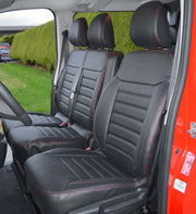 Кожена тапицерия за седалки, Черна с Червен шев за Renault Master, Opel Movano 2011-2020, 2+1