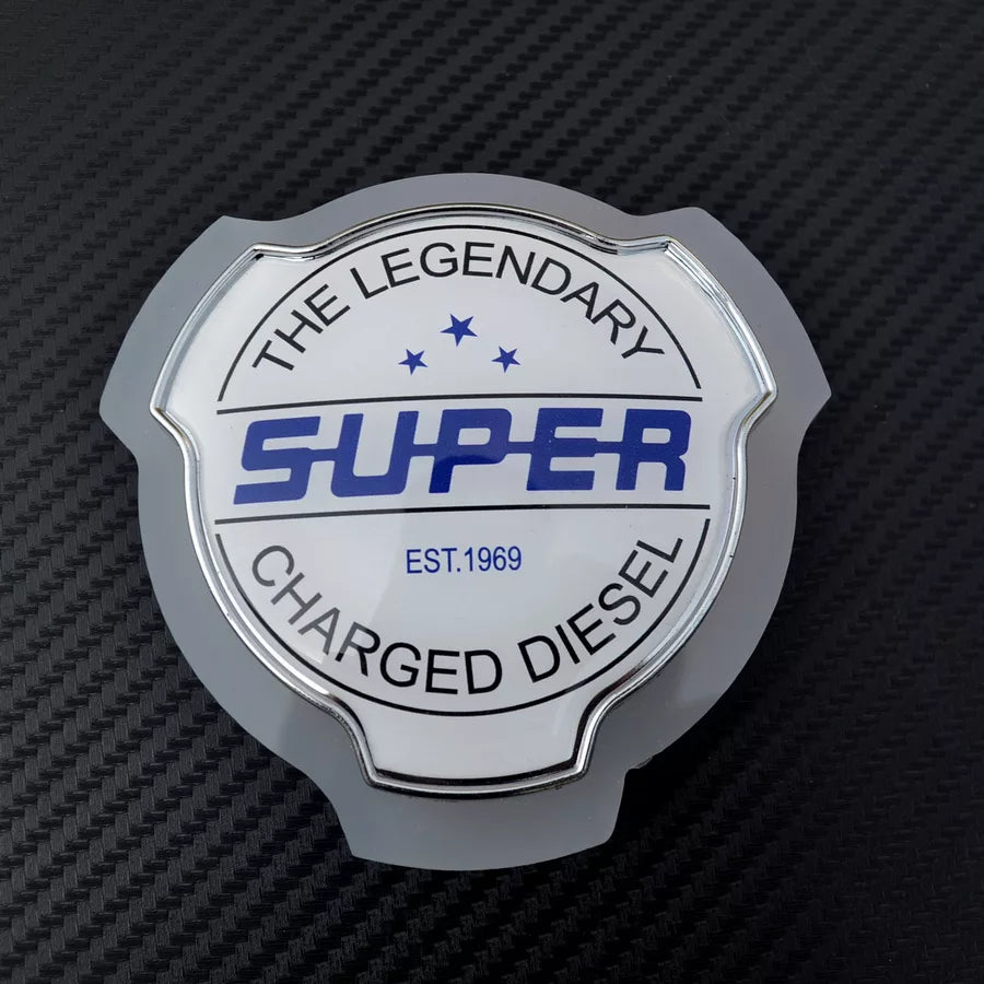 Огледална табелка SUPER – син текст, бяла, външна, за решетка, 12/24V, бял неон