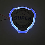Огледална табелка SUPER – син текст, бяла, външна, за решетка, 12/24V, бял неон