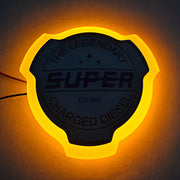 Огледална табелка SUPER – син текст, бяла, външна, за решетка, 12/24V, жълт неон