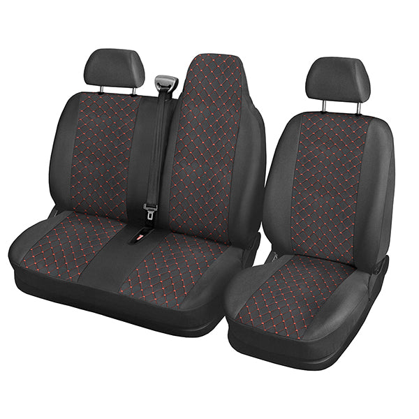 Калъфи за седалки за Renault Master, 2009+, черна с червен шев (разделена двойна облегалка)