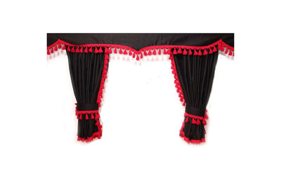 Големи завеси, пердета за предно стъкло на камион  + челно, лукс, черно с червени ресни
