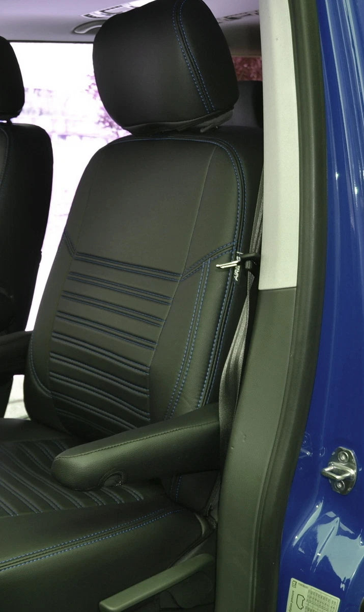 Кожена тапицерия за седалки за Volkswagen Transporter T6 2011-2016 - Черна със син шев